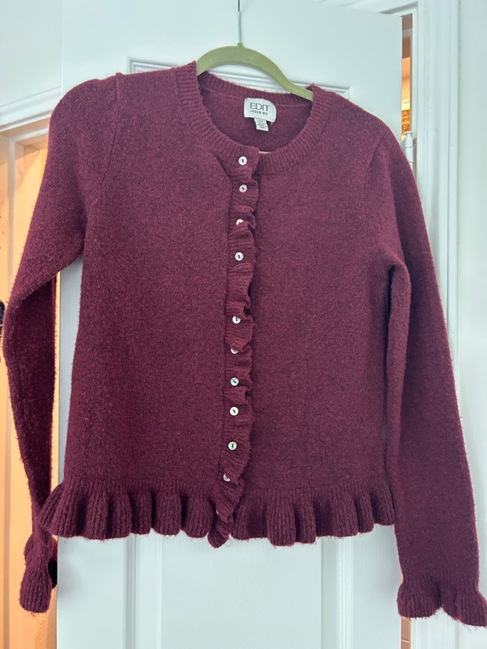 Jason Wu Wine Ruffle-Trim Cardigan